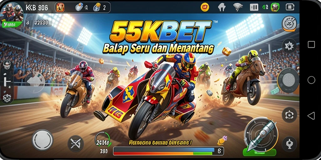 Tampilan utama gameplay 55KBET dengan mobil balap yang melaju kencang di lintasan.