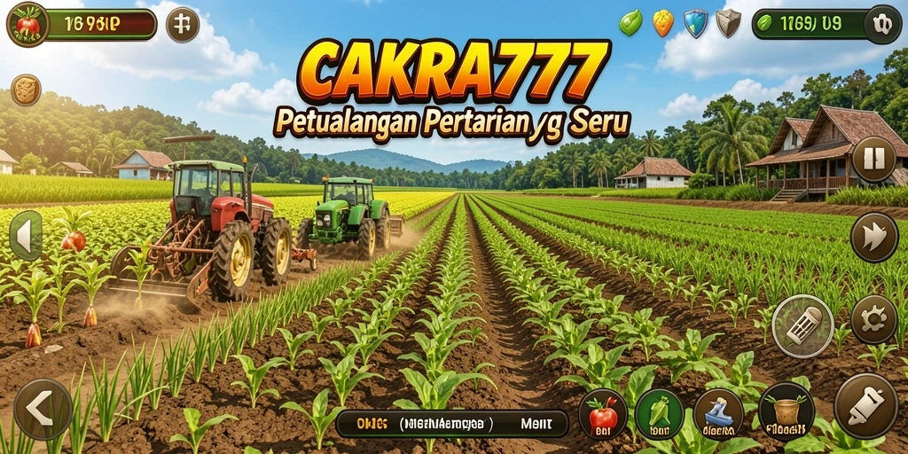 Tampilan game CAKRA777 dengan berbagai tanaman dan ladang yang rimbun.