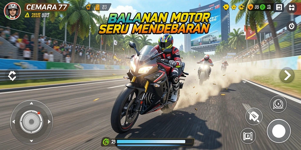 Tampilan gameplay balapan motor yang intens dan seru di CEMARA77.