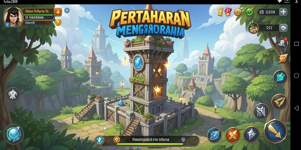 Screenshot gameplay menunjukkan menara yang siap bertahan dari serangan musuh.