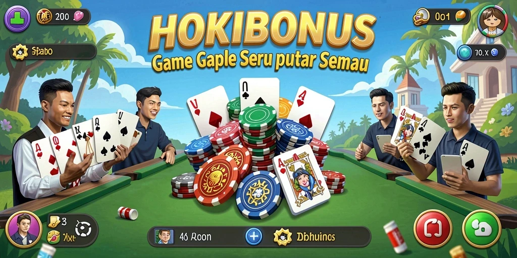 Tampilan gameplay seru HOKIBONUS dengan kartu Gaple yang menarik.