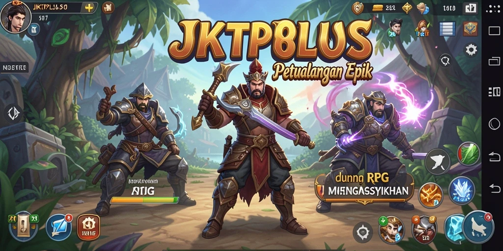 Tangkapan layar utama JKTPLUS menampilkan aksi seru dalam pertarungan RPG.