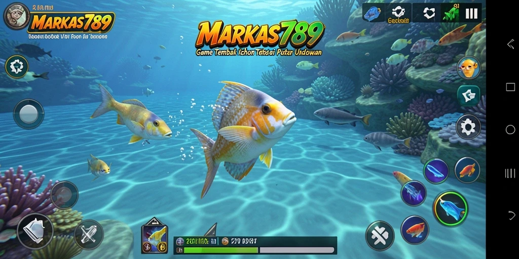 Gameplay seru MARKAS789 saat menembak ikan di bawah laut.