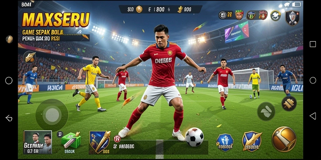 Screenshot permainan MAXSERU yang menarik dengan aksi sepak bola yang dinamis.