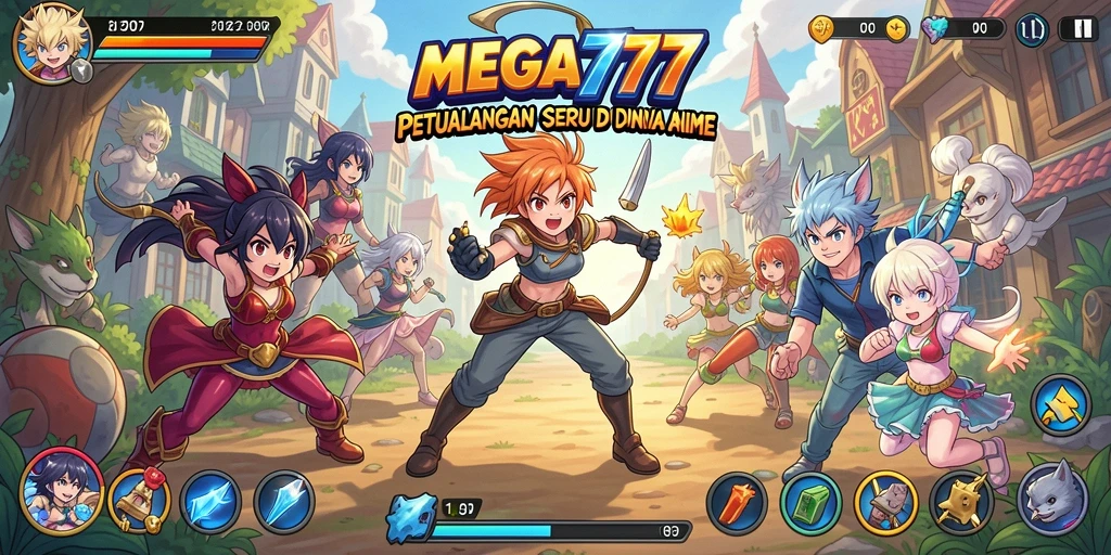 Tampilan screenshot MEGA777 dengan karakter Anime berwarna-warni.