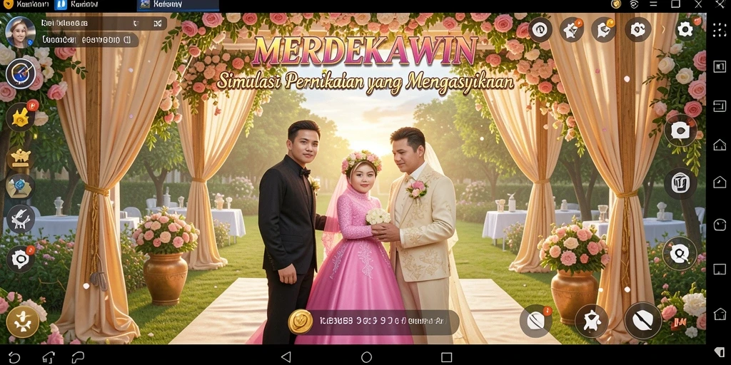 Screenshot gameplay MERDEKAWIN yang menampilkan pernikahan yang indah.