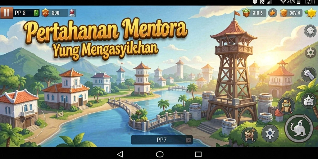 Tampilan aksi seru dalam permainan Tower Defense PP7.