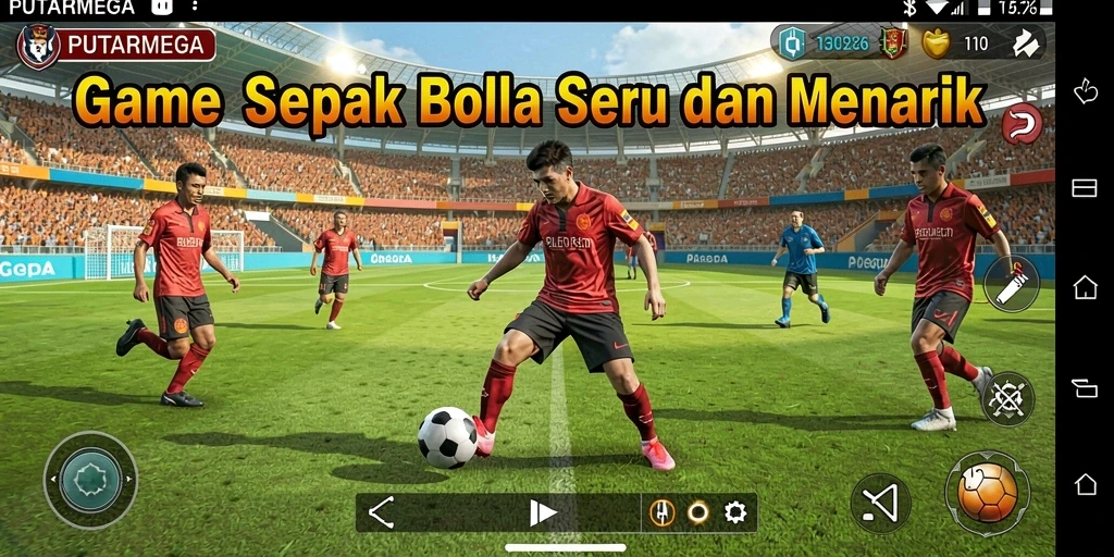 Screenshot utama PUTARMEGA menampilkan aksi sepak bola yang mendebarkan.