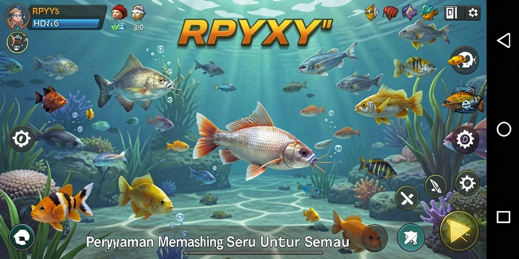 Screenshot utama RPYYY menampilkan gameplay memancing yang seru dan menarik.