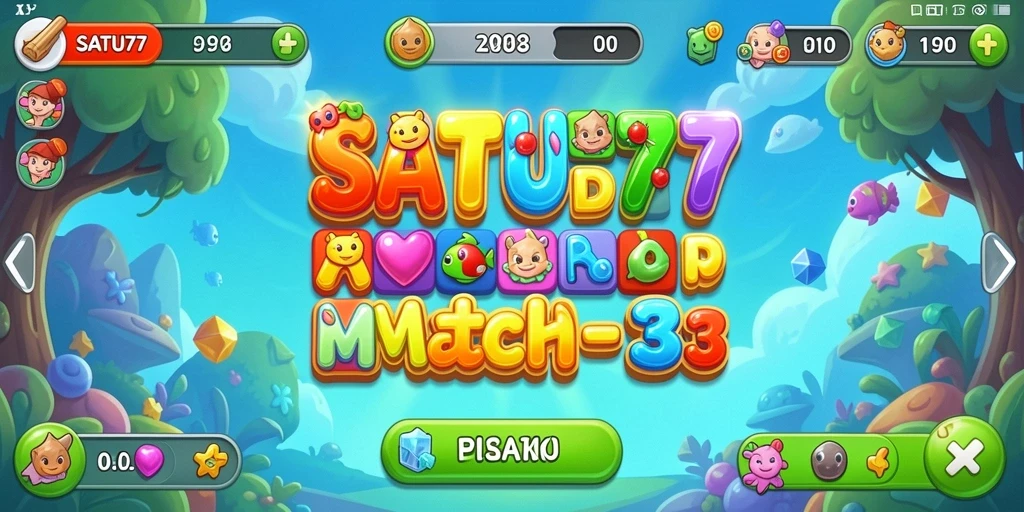 Screenshot utama SATU77 menunjukkan action gameplay Match-3 yang seru.